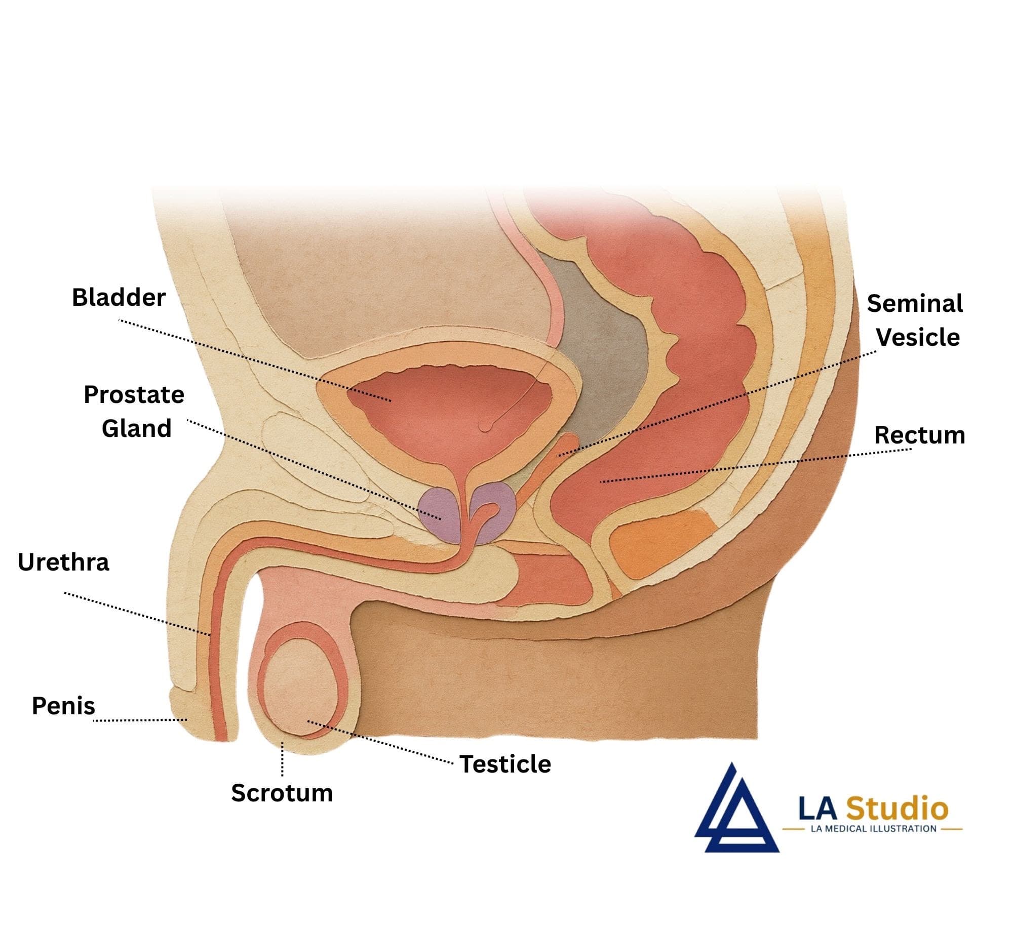 Side-view male pelvic anatomy showing the bladder, prostate gland, seminal vesicle, rectum, urethra, penis, scrotum, and testicle
