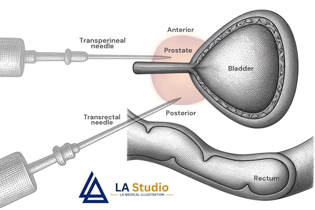 Anatomy illustration comparing a transperineal prostate biopsy needle through the perineal skin with a transrectal needle through the rectal wall